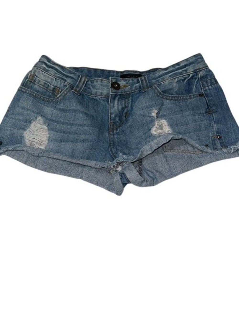 Distressed Denim Shorts With Studded Details - Size S